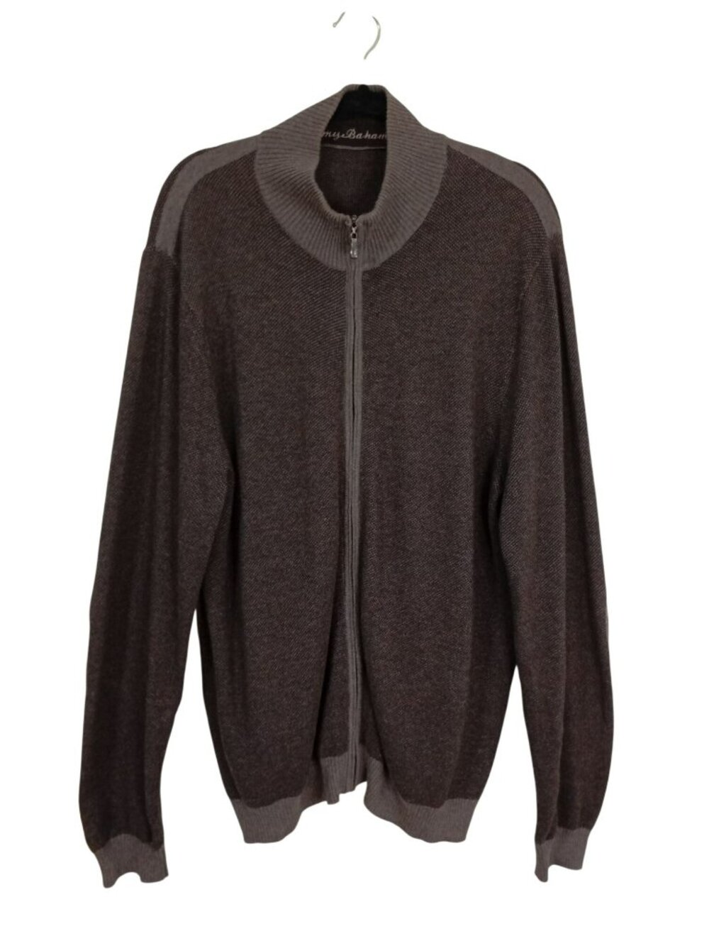 Tommy Bahama Brown Full-Zip Sweater L/G Cotton Cashmere Blend Ribbed Collar Mens